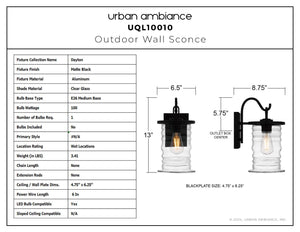 Urban Ambiance - Wall Sconce - UQL10010 Classic Outdoor Wall Sconce, 13''H x 6.5''W x 8.75''D, Matte Black Finish, Dayton Collection - 