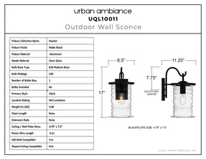 Urban Ambiance - Wall Sconce - UQL10011 Classic Outdoor Wall Sconce, 17''H x 8.5''W x 11.25''D, Matte Black Finish, Dayton Collection - 