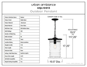Urban Ambiance - Pendant - UQL10013 Classic Outdoor Pendant, 17.25''H x 10.5''W x 10.5''D, Matte Black Finish, Dayton Collection - 