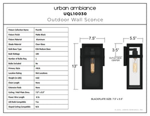 Urban Ambiance - Wall Sconce - UQL10030 Modern Farmhouse Outdoor Wall Sconce, 13''H x 7.5''W x 5.5''D, Matte Black Finish, Penrith Collection - 