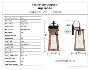 Urban Ambiance - Wall Sconce - UQL10050 Vintage Outdoor Wall Sconce, 14''H x 5.25''W x 6.25''D, Aged Copper Finish, Oslo Collection - 