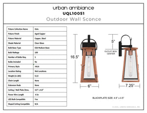 Urban Ambiance - Wall Sconce - UQL10051 Vintage Outdoor Wall Sconce, 16.5''H x 6''W x 7.25''D, Aged Copper Finish, Oslo Collection - 