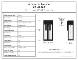Urban Ambiance - Wall Sconce - UQL10060 Modern Outdoor Wall Sconce, 16.00''H x 7.50''W x 5.50''Dep, Matte Black Finish, Woburn Collection - 