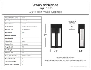 Urban Ambiance - Wall Sconce - UQL10061 Modern Outdoor Wall Sconce, 20.00''H x 9.50''W x 5.50''Dep, Matte Black Finish, Woburn Collection - 