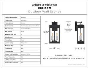Urban Ambiance - Wall Sconce - UQL10071 Casual Outdoor Wall Sconce, 16.25''H x 8.00''W x 6.75''Dep, Matte Black Finish, Bremerton Collection - 