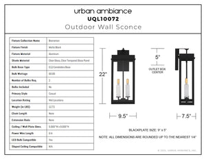 Urban Ambiance - Wall Sconce - UQL10072 Casual Outdoor Wall Sconce, 22.00''H x 9.50''W x 7.50''Dep, Matte Black Finish, Bremerton Collection - 