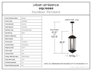 Urban Ambiance - Pendant - UQL10080 Transitional Outdoor Pendant, 26.50''H x 10.00''W x 10.00''Dep, Matte Black Finish, Richland Collection - 