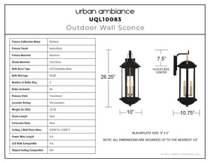 Urban Ambiance - Wall Sconce - UQL10083 Transitional Outdoor Wall Sconce, 26.25''H x 10.00''W x 10.75''Dep, Matte Black Finish, Richland Collection - 