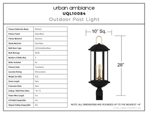 Urban Ambiance - Post Light - UQL10084 Transitional Outdoor Post Light, 28.00''H x 10.00''W x 10.00''Dep, Matte Black Finish, Richland Collection - 