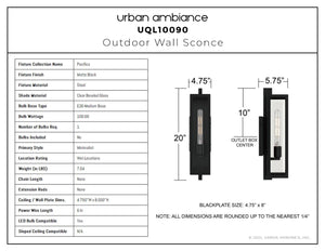 Urban Ambiance - Wall Sconce - UQL10090 Minimalist Outdoor Wall Sconce, 20.00''H x 4.75''W x 5.75''Dep, Matte Black Finish, Pacifica Collection - 