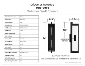 Urban Ambiance - Wall Sconce - UQL10092 Minimalist Outdoor Wall Sconce, 32.00''H x 6.50''W x 8.50''Dep, Matte Black Finish, Pacifica Collection - 