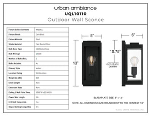 Urban Ambiance - Wall Sconce - UQL10110 Modern Outdoor Wall Sconce, 13.00''H x 5.00''W x 6.00''Dep, Earth Black Finish, Wheeling Collection - 