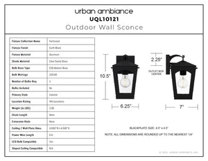 Urban Ambiance - Wall Sconce - UQL10121 Colonial Outdoor Wall Sconce, 10.50''H x 6.25''W x 7.00''Dep, Earth Black Finish, Kentwood Collection - 
