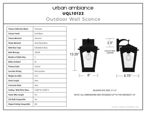 Urban Ambiance - Wall Sconce - UQL10122 Colonial Outdoor Wall Sconce, 13.25''H x 8.00''W x 8.75''Dep, Earth Black Finish, Kentwood Collection - 