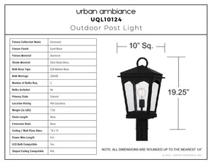 Urban Ambiance - Post Light - UQL10124 Colonial Outdoor Post Light, 19.25''H x 10.00''W x 10.00''Dep, Earth Black Finish, Kentwood Collection - 