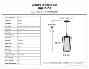 Urban Ambiance - Pendant - UQL10130 Contemporary Outdoor Pendant, 18.75''H x 8.50''W x 8.50''Dep, Matte Black Finish, Monroe Collection - 