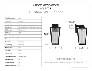 Urban Ambiance - Wall Sconce - UQL10132 Contemporary Outdoor Wall Sconce, 13.50''H x 7.00''W x 7.75''Dep, Matte Black Finish, Monroe Collection - 