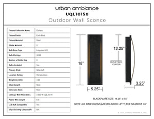 Urban Ambiance - Wall Sconce - UQL10150 Urban Loft Outdoor Wall Sconce, 18.00''H x 5.25''W x 3.25''Dep, Earth Black Finish, Chelsea Collection - 