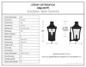 Urban Ambiance - Wall Sconce - UQL10171 English Country Outdoor Wall Sconce, 12.00''H x 6.00''W x 7.00''Dep, Earth Black Finish, Biloxi Collection - 