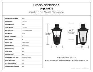 Urban Ambiance - Wall Sconce - UQL10172 English Country Outdoor Wall Sconce, 16.25''H x 8.00''W x 9.00''Dep, Earth Black Finish, Biloxi Collection - 