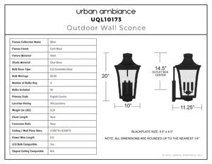 Urban Ambiance - Wall Sconce - UQL10173 English Country Outdoor Wall Sconce, 20.00''H x 10.00''W x 11.25''Dep, Earth Black Finish, Biloxi Collection - 