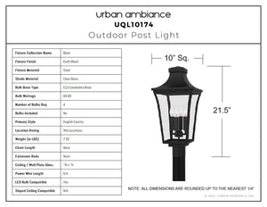 Urban Ambiance - Post Light - UQL10174 English Country Outdoor Post Light, 21.50''H x 10.00''W x 10.00''Dep, Earth Black Finish, Biloxi Collection - 