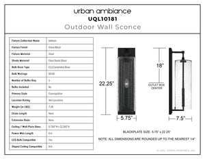 Urban Ambiance - Wall Sconce - UQL10181 Cosmopolitan Outdoor Wall Sconce, 22.25''H x 5.75''W x 7.50''Dep, Earth Black Finish, Addison Collection - 