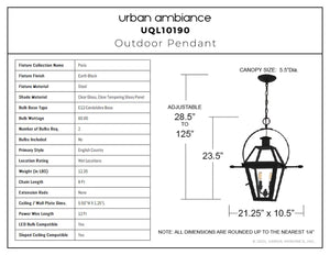 Urban Ambiance - Pendant - UQL10190 English Country Outdoor Pendant, 23.50''H x 21.25''W x 10.50''Dep, Earth Black Finish, Paris Collection - 