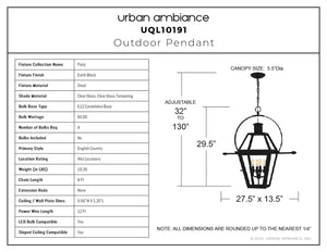 Urban Ambiance - Pendant - UQL10191 English Country Outdoor Pendant, 29.50''H x 27.50''W x 13.50''Dep, Earth Black Finish, Paris Collection - 