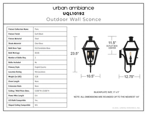 Urban Ambiance - Wall Sconce - UQL10192 English Country Outdoor Wall Sconce, 23.50''H x 10.50''W x 12.75''Dep, Earth Black Finish, Paris Collection - 