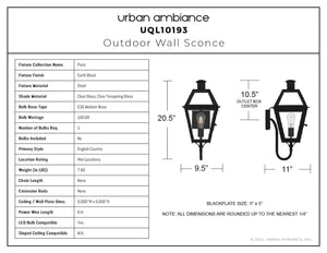 Urban Ambiance - Wall Sconce - UQL10193 English Country Outdoor Wall Sconce, 20.50''H x 9.50''W x 11.00''Dep, Earth Black Finish, Paris Collection - 