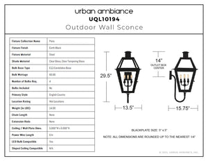 Urban Ambiance - Wall Sconce - UQL10194 English Country Outdoor Wall Sconce, 29.50''H x 13.50''W x 15.75''Dep, Earth Black Finish, Paris Collection - 