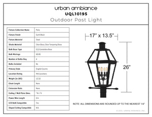 Urban Ambiance - Post Light - UQL10195 English Country Outdoor Post Light, 26.00''H x 17.00''W x 13.50''Dep, Earth Black Finish, Paris Collection - 