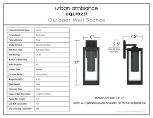 Urban Ambiance - Wall Sconce - UQL10231 Modern Outdoor Wall Sconce, 17.00''H x 6.00''W x 7.50''Dep, Earth Black Finish, Quincy Collection - 