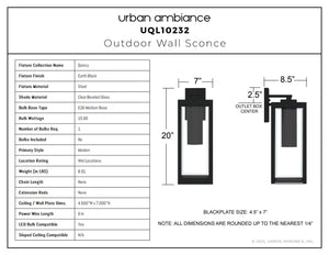 Urban Ambiance - Wall Sconce - UQL10232 Modern Outdoor Wall Sconce, 20.00''H x 7.00''W x 8.50''Dep, Earth Black Finish, Quincy Collection - 