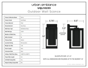 Urban Ambiance - Wall Sconce - UQL10233 Modern Outdoor Wall Sconce, 10.00''H x 5.75''W x 6.50''Dep, Earth Black Finish, Quincy Collection - 