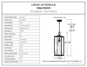 Urban Ambiance - Pendant - UQL10240 Contemporary Outdoor Pendant, 21.75''H x 7.00''W x 7.00''Dep, Matte Black Finish, Covington Collection - 