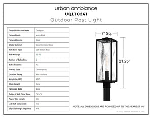 Urban Ambiance - Post Light - UQL10241 Contemporary Outdoor Post Light, 21.25''H x 7.00''W x 7.00''Dep, Matte Black Finish, Covington Collection - 