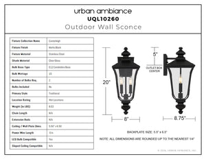 Urban Ambiance - Wall Sconce - UQL10260 Traditional Outdoor Wall Sconce, 20''H x 8''W x 8.75''Dep, Matte Black Finish, Casterleigh Collection - 