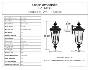 Urban Ambiance - Wall Sconce - UQL10261 Traditional Outdoor Wall Sconce, 25.25''H x 10''W x 11.25''Dep, Matte Black Finish, Casterleigh Collection - 