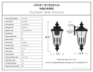 Urban Ambiance - Wall Sconce - UQL10262 Traditional Outdoor Wall Sconce, 30.5''H x 12''W x 13.5''Dep, Matte Black Finish, Casterleigh Collection - 