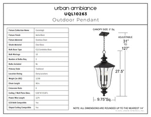 Urban Ambiance - Pendant - UQL10263 Traditional Outdoor Pendant, 27.5''H x 9.75''W x 9.75''Dep, Matte Black Finish, Casterleigh Collection - 