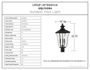Urban Ambiance - Post Light - UQL10264 Traditional Outdoor Post Light, 22.75''H x 10''W x 10''Dep, Matte Black Finish, Casterleigh Collection - 