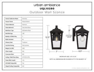 Urban Ambiance - Wall Sconce - UQL10280 Traditional Outdoor Wall Sconce, 12.5''H x 7''W x 8.5''Dep, Western Bronze Finish, Grenshaw Collection - 