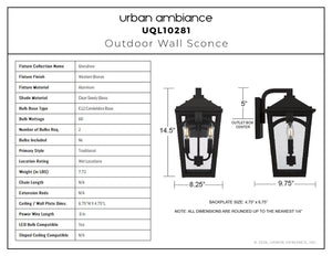 Urban Ambiance - Wall Sconce - UQL10281 Traditional Outdoor Wall Sconce, 14.5''H x 8.25''W x 9.75''Dep, Western Bronze Finish, Grenshaw Collection - 