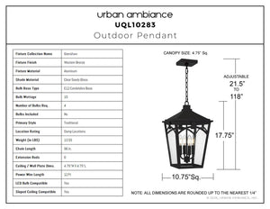 Urban Ambiance - Pendant - UQL10283 Traditional Outdoor Pendant, 17.75''H x 10.75''W x 10.75''Dep, Western Bronze Finish, Grenshaw Collection - 