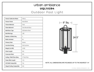 Urban Ambiance - Post Light - UQL10294 Modern Outdoor Post Light, 24.5''H x 9''W x 9''Dep, Matte Black Finish, Kelbury Collection - 