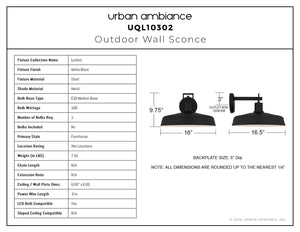 Urban Ambiance - Wall Sconce - UQL10302 Farmhouse Outdoor Wall Sconce, 9.75''H x 16''W x 16.5''Dep, Matte Black Finish, Loxford Collection - 