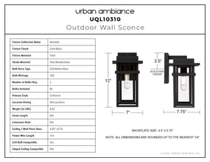 Urban Ambiance - Wall Sconce - UQL10310 Craftsman Outdoor Wall Sconce, 12''H x 7''W x 7.75''Dep, Earth Black Finish, Merridale Collection - 