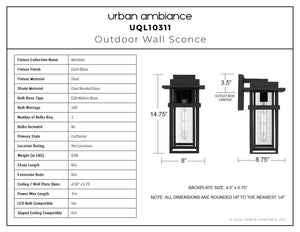 Urban Ambiance - Wall Sconce - UQL10311 Craftsman Outdoor Wall Sconce, 14.75''H x 8''W x 8.75''Dep, Earth Black Finish, Merridale Collection - 